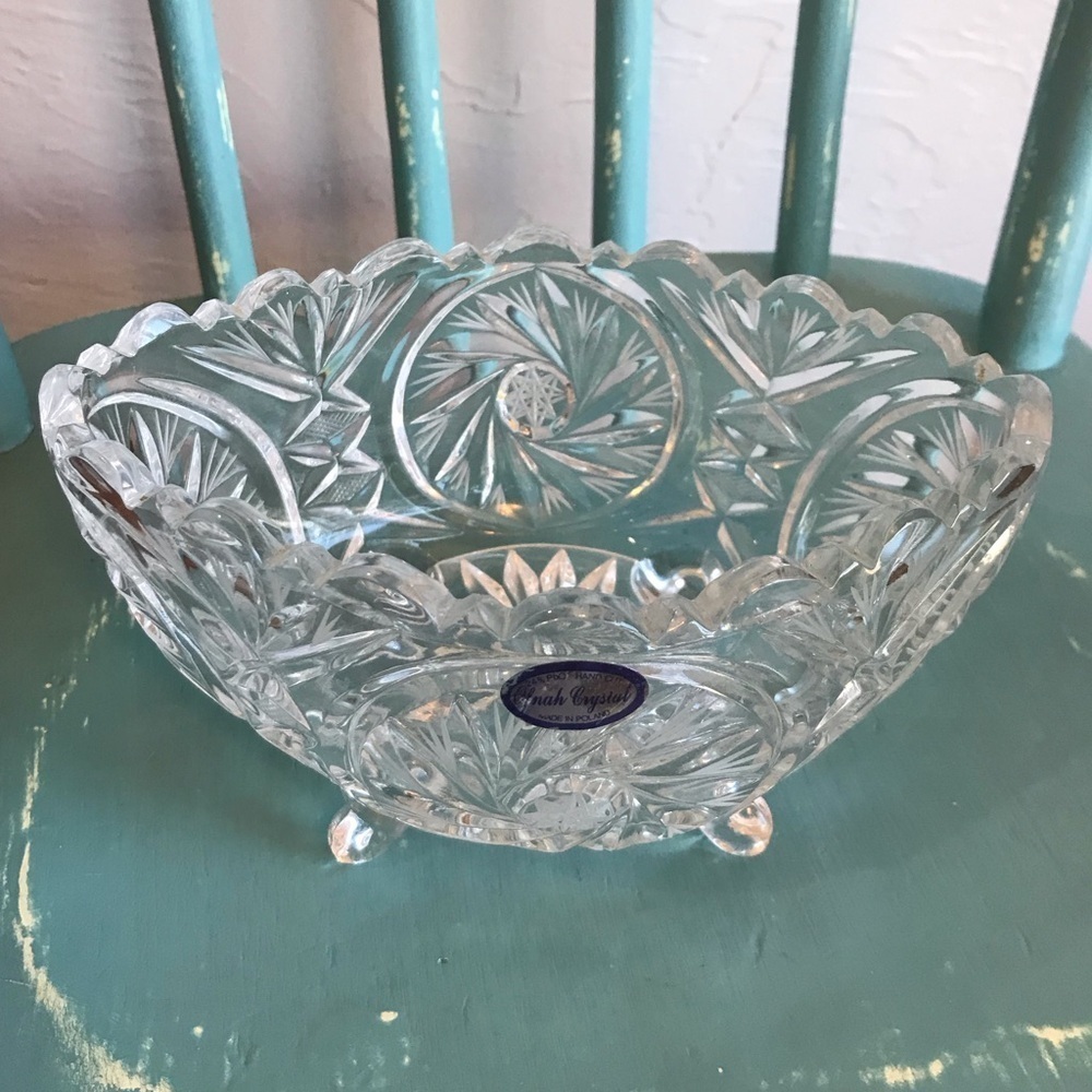 Ofnah Hand Cut Crystal Bowl Made‎ in Poland pedestal Star of David
